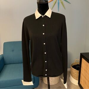 Lauren Ralph Lauren Black Cardigan Sweater with White Collar & Cuffs